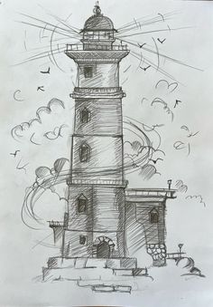 a drawing of a lighthouse with birds flying around it