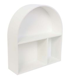 a white shelf with two shelves on each side and an open one in the middle