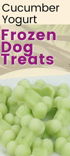 green frozen dog treats on a plate with text overlay reading cucumber yogurt frozen dog treats