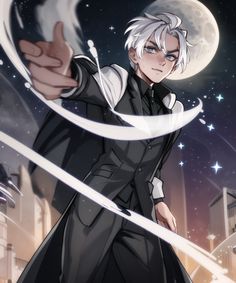 an anime character with white hair pointing to the sky and holding his hand out in front of him