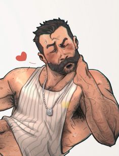 a drawing of a man with a beard and no shirt on holding his hand to his face