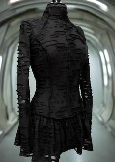 Shrine of Hollywood FUTURE SHOCK DRESS - BLACK DECAYED FABRIC Dresses Avant-garde Fitted Black Dress, Dystopian Fashion, Acid Rain, Small Chest, Black Stretch, Style Dress, Cyberpunk, Double Layer, Science Fiction