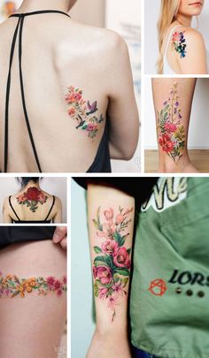 many different tattoos on the back of women's backs and arms, all with flowers