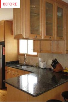 a kitchen with wooden cabinets and black granite counter tops is shown before and after remodeling