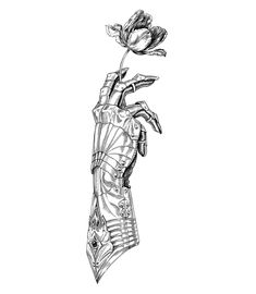 a drawing of a hand holding a flower in it's left arm and the top part of its body