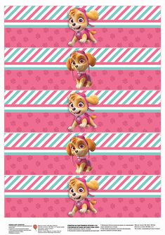 the paw patrol movie poster is shown in three different positions, with pink and white stripes