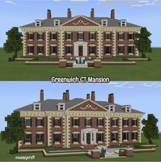 two views of the front and back of a large brick house