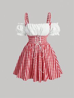 Plus Size Red Plaid 2 In 1 Hollow Out Shoulder Design Dress,Sunmmer,Country Concert Outfit Red and White Casual  Short Sleeve Woven Fabric Gingham A Line Non-Stretch Summer Women Plus Clothing, size features are:Bust: ,Length: ,Sleeve Length: Red Outfits Plus Size, Red Cottagecore Outfit, Cute Red And White Outfits, Red White Outfit, Mexico Clothes, Country Music Outfits, Red Check Dress, Mode Rockabilly, Housewife Dress