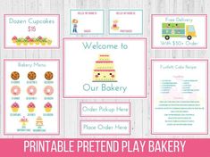 the printable pretend play bakery is displayed on a wooden table with pink and blue accents