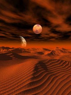 an alien landscape with two planets in the sky and sand dunes on the ground at night