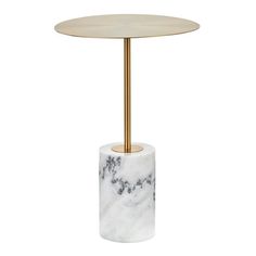 a white marble table with a gold metal base and a round top, on a white background