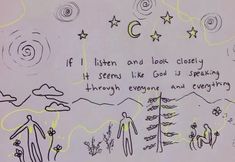 a drawing with words written on it and stars in the sky over mountains behind them