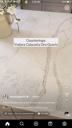 the counter top is white marble and has an interesting pattern on it's surface