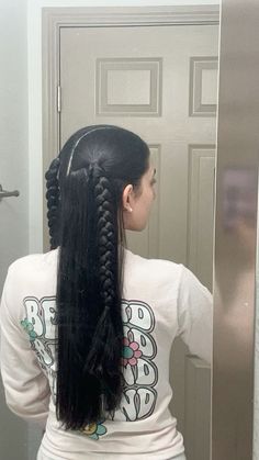 half up half doen style sepaeated into two braids  #halfuphalfdown #hairstyles #straighthairstyles #braidedhairstyle #braids Half Up Half Down Accessories, 2 Half Up Half Down Braids, Cute Braided Hairstyles Straight Hair, Two Fish Tail Braid Hairstyles, Top Half Braided Hairstyles, Half Up Half Down With Two Braids, 2 Braid Ponytail Hairstyles, Half Braid Half Ponytail, Two Pig Tails Hairstyles Half Up