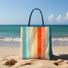 Carry a splash of color with our Pastel Stripe Tote Bag, featuring soft stripes in blue, pink, and pastel coral with a hint of orange. Inspired by mid-century modern art, this tote bag is a perfect blend of retro charm and contemporary style, making it an ideal gift for her. It's a fashionable choice for anyone who loves the timeless elegance of pastel stripes and the functionality of a spacious tote. 𝐃𝐞𝐭𝐚𝐢𝐥𝐬: .: 5 color Cotton handle options  .: 100% Polyester body - Extremely strong and Modern Striped Tote Bag, Multicolor Tote Bag With Striped Lining, Striped Rectangular Beach Bag For Everyday Use, Striped Tote Beach Bag For Shopping, Striped Rectangular Beach Bag For Shopping, Striped Rectangular Beach Bag, Retro Tote Beach Bag, Retro Tote Beach Bag For Everyday Use, Everyday Retro Rectangular Beach Bag