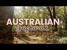 the words australian bushwalk 5 minute meditation for kids in front of a forest path