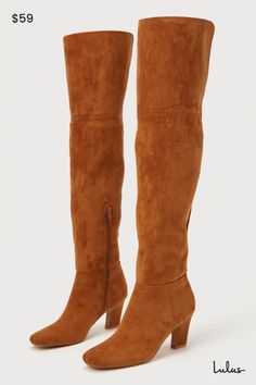 The Lulus Lilo Henna Brown Suede Square-Toe Over-the-Knee Boots are a statement that is waiting to be made! Soft faux suede shapes these iconic boots that feature a squared-toe upper, a seamed vamp, and a flexible, 21.5"" over-the-knee shaft with 15.25"" circumference and a notched detail at the collar. A 9.5"" zipper at the instep allows for easy on-and-off for simple everyday styling! 2. 75" tapered heel. Lightly cushioned insole. Felted rubber sole has nonskid markings. All Man Made Materials Suede Knee Boots, High Heel Boots Knee, Lulu Fashion, Heel Boots, Personal Marketing, High Heel Boots, Brown Suede, Over The Knee Boots, Over The Knee