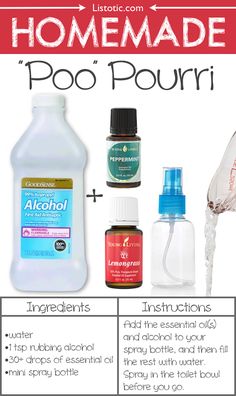 the ingredients for homemade poo pourri are shown in this poster, with instructions on how to use them