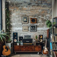 a living room filled with lots of furniture and musical equipment in front of a brick wall