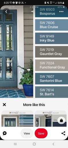 the front door is painted in blue and gray, while the other colors are white