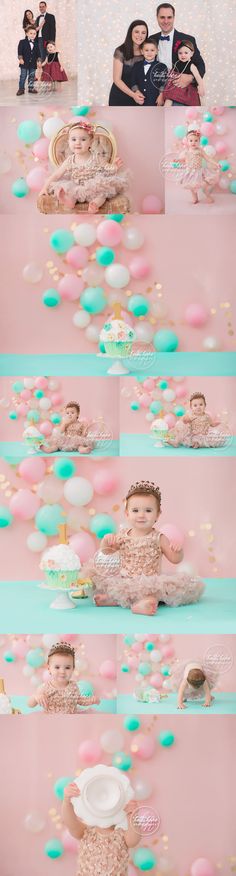 a collage of photos with balloons and cake