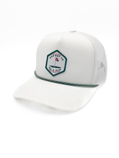 "\"Bad Day to Be A Pin\" rope golf hat: Tackle the greens with fearless style. The hats are one size fits most, snapback Pacific P423 hats. © 2023 Whiskey Pines LLC Artwork has been copyrighted and may not be reproduced in any form, or for any reason, without express written permission from me. Artwork is fully protected by U.S. and International Copyright laws, all rights reserved. Purchase of artwork does not transfer copyright. Artist retains all rights." Green Golf Cap, Adjustable Green Golf Hat, Adjustable Green Hat For Golf, Green Baseball Cap For Golf, Casual Adjustable Trucker Hat For Golf, Adjustable Flat Bill Golf Hats, Golf Snapback Hat With Curved Brim, White Curved Brim Trucker Hat For Golf, Adjustable White Trucker Hat For Golf