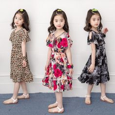 This children's dress is crafted from comfortable cotton fabric, and features a mid-calf length, O-neck collar, regular short sleeves, a casual A-line silhouette, and an eye-catching floral leopard print with ruffle details. Please note: Allow for slight deviations in manual measurements, and results may vary due to differences in monitor and light effects. Beach Dresses Short, Printed Beach Dresses, Short Sleeve Summer Dresses, Girl Sleeves, Kids Fashion Clothes, Dress Princess, Childrens Dress, Princess Outfits