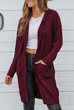 Wine Red Hooded Pockets Open Front Knitted Cardigan Casual Red Knit Outerwear, Red Knit Sweater Coat For Winter, Casual Red Knitted Sweater Coat, Winter Stretch Cardigan In Solid Color, Ribbed Hooded Outerwear For Fall, Hooded Ribbed Outerwear For Fall, Casual Burgundy Sweater For Fall, Red Knit Cardigan For Fall, Red Hooded Sweater For Fall