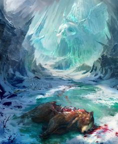 a bear laying on the ground in front of a mountain with ice and snow around it