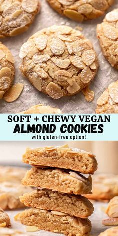 soft and chewy vegan almond cookies stacked on top of each other with text overlay