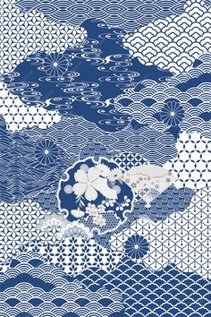 an abstract blue and white background with clouds, waves and flowers in the middle of it