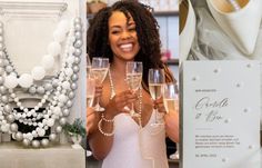 a collage of photos with champagne glasses and bride's shoes