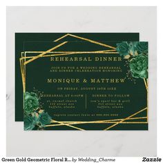 a green and gold wedding reception card with flowers on the front, in an art deco style