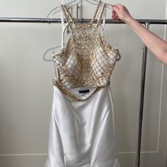 White And Gold Embellished Two-Piece Evening Gown.. With Train - Wore Once, Top Was Altered But Can Be Let Out - Small Stain Barely Noticeable Alyce Paris, Paris Dresses, Evening Gown, Two Pieces, Evening Gowns, White Dress, Two Piece, Wedding Dresses, Stain