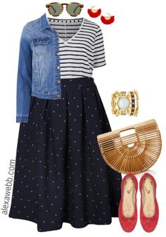 Plus Size Navy Dot Skirt Outfits - Plus Size Fall Outfit Ideas - Plus Size Fashion for Women - alexawebb.com #alexawebb Plus Size Fall Outfit Ideas, Dot Skirt Outfit, Plus Size Herbst, Plus Size Navy, Look Plus Size, Plus Size Fall, Rock Outfit