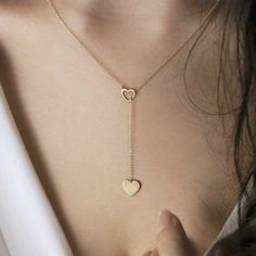 Heart Valentines Day Necklace Gold Color Brand New Bohemian Choker Necklace, Tiny Heart Necklace, Gold Lariat Necklace, Double Heart Necklace, Heart Shaped Pendant Necklace, Heart Locket Necklace, Gold Heart Necklace, Trendy Necklaces, Heart Shape Pendant