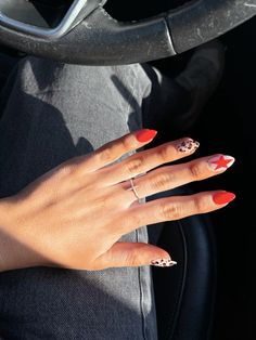 Red Nails 💅🏼❤️🐆✨🍒 Simple Red Nail Designs Classy, Super Cute Christmas Nails, Red And White Croc Nails, Almond Red Nails Short, Seasonal Nail Ideas, Red Nail With Design, Car Inspired Nails, Red Nails With Leopard Print, Red Funky Nails