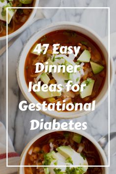 three bowls filled with chili, avocado and other foods on top of a marble table