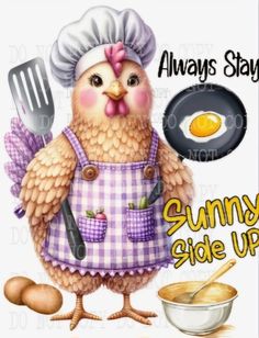 a chicken with an apron and cooking utensils