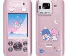 a pink cell phone with cartoon characters on it