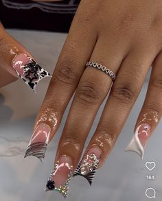 Baddie Back To School Nails, Cute Extra Nails, Junk French Tip Nails, Nail Inspo Duck Nails, Nails Duck Shape, Junk Nails Bling Medium, Nails Design Medium Length, Birthday Nail Set Ideas Sweet 16, Free Style Nail Designs