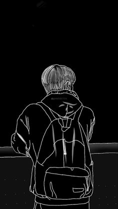 a black and white drawing of a person with a backpack