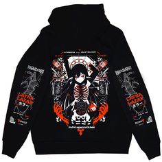 Harajuku Anime Print Hooded Outerwear, Harajuku Style Anime Print Outerwear For Streetwear, Hooded Anime Print Outerwear For Fall, Fall Anime Print Hooded Outerwear, Cotton Hooded Outerwear With Anime Print, Fall Hooded Outerwear With Anime Print, Harajuku Style Hoodie For Alternative Fashion, Punk Hoodie With Graphic Print, Edgy Hooded Hoodie For Alternative Fashion