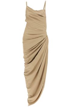 Indulge in the epitome of elegance and sophistication with this stunning Jacquemus long dress. Crafted from a luxurious viscose blend twill, this dress features a unique draped design that effortlessly exudes grace and style. The folded panel neckline and adjustable straps add a touch of versatility, while the side invisible zipper-and-hook closure ensures a seamless fit. With its asymmetric hemline and fitted silhouette, this dress is the perfect choice for any special occasion. Elevate your wa Beige Drapes, Vacation Fits, Designer Drapes, Draped Dress, Fitted Silhouette, Invisible Zipper, Fall Dresses, Formal Event, Fashion Designer