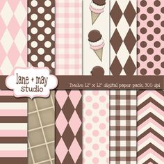 pink and brown digital paper pack with ice cream, cupcakes, checkered background