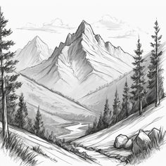 an ink drawing of mountains and trees in the snow with rocks on the ground below