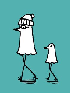 a drawing of a person walking next to a duck wearing a hat and eye glasses