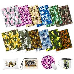 various patterns and colors of camo coffee mugs, napkins, and other items