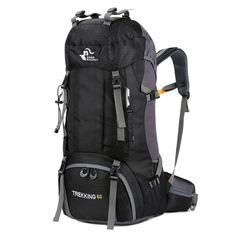 the hiking backpack with multiple compartments and straps is shown in three different colors, including black, red, blue