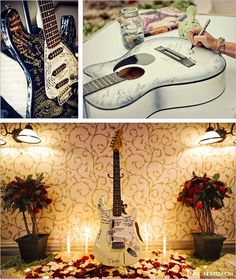 the guitar is on display in this collage with candles and flowers around it, along with other decorations